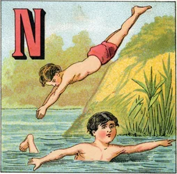 Letra N para nadar. Grabado en Alfabeto de los pequeños escolares. Imágenes de Epinal, circa 1885. Colección privada