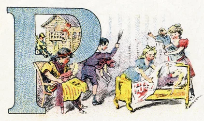 Letra P: Muñeca Polichinela. Alfabeto de Phosphatine Falieres. Grabado. Alfabeto Brevete S.G.D.G. por el farmacéutico Pierre Emile Falieres. Ilustraciones en cromolitografía, finales del siglo XIX. 16 páginas.