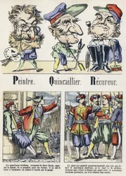 Letras P, Q y R: pintor, ferretería y recuperador. Alfabeto del Cuento Oriental. Imágenes de Epinal, circa 1890