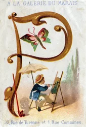 Letra P: pintor, mariposa, sombrilla, pipa. Alfabeto Art Nouveau: Serie de 25 cromolitografías publicitarias. Litografía de Alfred Clarey, finales del siglo XIX. Dim 115x75mm
