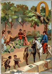 Letra Q: cuadrilla; disputa; bolos; espadaña; quinqués; cuatro; muelle. Alfabeto. En cada imagen, hay una serie de palabras ilustres cuyas representaciones están escenificadas. Cromolitografías de Litografía Parisina, circa 1890.