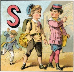 Letra S como salida de la escuela. Grabado en Alfabeto de los pequeños escolares. Imágenes de Epinal, circa 1885. Colección privada