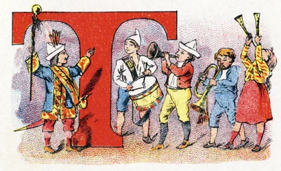 Letra T: Trompeta Tambor. Alfabeto de Phosphatine Falieres. Grabado. Alfabeto Brevete S.G.D.G. por el farmacéutico Pierre Emile Falieres. Ilustraciones en cromolitografía, finales del siglo XIX. 16 páginas