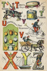 Letras T, U, V, X, Y y Z. Grabado en "ABC Juguetes". Imágenes de Epinal en cromolitografía, circa 1890. Pequeño folleto de 8 páginas. Dim: 195x135mm, destinado a recibir un anuncio en la 4ª cubierta