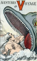 Letra V: Aventuras de viaje. Grabado en "ABC Les Images en Alphabet". Imágenes de Epinal. Pellerin y Cie, impresor-editor, Epinal, finales del siglo XIX, circa 1890.