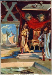 Letra X: Jerjes I; xilografía; xiphias. Alfabeto. En cada imagen, hay una serie de palabras ilustres cuyas representaciones están escenificadas. Cromolitografías de Litografía Parisina, circa 1890