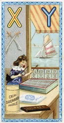 Letra X: xilofonista y Y: yatagán, yate. Grabado del Alfabeto editado por Chocolat Suchard, principios del siglo XX. 24 cromolitografías que representan lugares, personajes y objetos para descubrir en la imagen. Dim: 105x55mm