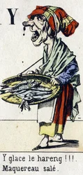 Letra Y: "¡hielo el arenque! ¡Caballa sucia!". Alfabeto "Diversión infantil". Imágenes de Epinal, circa 1890