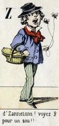 Letra Z: "¡por Zannetons! ¡Vea 2 por un centavo!" Alfabeto "Diversión infantil". Imágenes de Epinal, circa 1890. Serie popular. Pequeño folleto de 8 páginas. Grabados en madera con esténcil sobre el tema de los pequeños oficios callejeros y los gritos de P