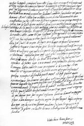 Carta de María Reina de Escocia mientras estaba en prisión en Sheffield a la Reina Isabel I de Inglaterra, pidiendo ser permitida a conferenciar con uno de sus sirvientes franceses, tener la consolación de ser permitida un sacerdote católico, y poder corre