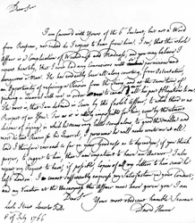 Carta escrita por David Hume a Richard Davenport refiriéndose a las grandes dificultades de su relación con Jean-Jacques Rousseau, la negativa de Rousseau a aceptar una pensión y sus disputas con Hume, 8 de julio