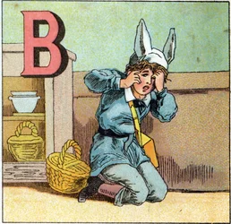 Letra B como gorro de burro. Grabado en Alfabeto de los pequeños escolares. Imágenes de Epinal, circa 1885. Colección privada