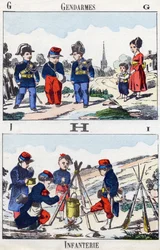 Letras G H I: gendarmes e infantería. Grabado en "Alfabeto militar infantil". Imágenes de Pont-a-Mousson, circa 1890