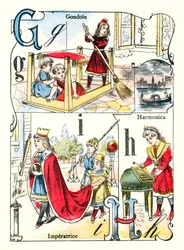 Letras G, I y H. Niños jugando a la góndola, emperatriz y armónica. Grabado en "Alfabeto Divertido". Imágenes de Pont-a-Mousson. Impresión y publicación Louis Vagne, finales del siglo XIX.