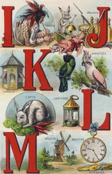 Letras I J K L; Indio; Joujoux; Cacatúas; Kiosco; Linterna; Conejo; Reloj Monedas; Molino. Grabado en "Alphabet de ma petite fille". Bernardin-Bechet y Fils, libreros-editores, París, alrededor de 1895. Álbum irrompible en lienzo. Bibliothèque des Bébés. 1
