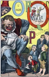 Letras: O P Q R S - El Ogro y el Peucet, Don Quijote, Rocinante y Sancho - Grabado en "ABC Les Images en Alphabet" - Imágenes de Epinal - Pellerin y Cie, impresor-editor, Epinal, finales del siglo XIX, circa 1890.