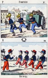 Letras P Q R: Bomberos y Reclutas. Grabado en "Alphabet militaire enfantin". Imágenes de Pont-a-Mousson, circa 1890. 20 páginas