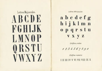 Letras mayúsculas, minúsculas, cifras árabes y romanas - Grabado extraído de ABCD de las niñas. Pellerin & Cie, impresor-editor, Épinal, hacia 1890. Serie A.