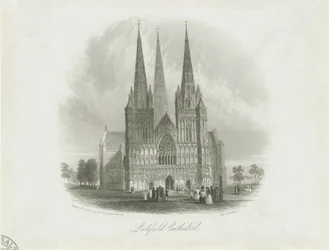Catedral de Lichfield - Frente Oeste: grabado en acero, nd [c 1842]