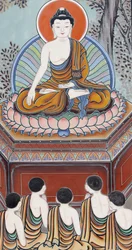 Vida del Buda: Como Buda, un ser despierto, regresó para enseñar a sus cinco compañeros practicantes la Noble Verdad del Sufrimiento, la Noble Verdad de la Causa (Deseo), la Noble Verdad de la Cesación y el Noble Camino Óctuple que conduce a la cesación