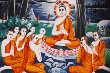 Vida del Buda: El Buda entrenando a sus discípulos en el arte de cuestionar, Siem Reap, Camboya