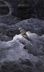 Literatura: Barco en medio del mar. Ilustración de la novela de Samuel Taylor Coleridge (1772-1834) "Rime of the Ancient Mariner". Grabado en color según una ilustración de Gustave Dore.