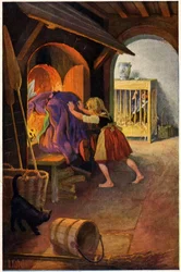 Literatura. Cuento de hadas. Hansel y Gretel y la bruja. Ilustración de Otto Kubel para el cuento de los hermanos Grimm. Postal, Alemania, c.1900 (postal)