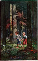 Literatura. Cuentos de hadas. Hansel y Gretel perdidos en el bosque. Ilustración de Otto Kubel para el cuento de los hermanos Grimm. Postal, Alemania, hacia 1900.