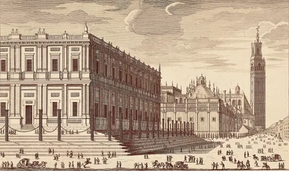 Lonja de Comercio y vista parcial de la Catedral de Sevilla. Grabado. ESPAÑA. MADRID (COMUNIDAD AUTÓNOMA). Madrid. Biblioteca Nacional
