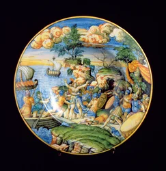 Plato de mayólica que representa el rapto de Helena de Troya, italiano