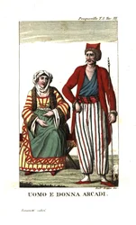 Hombre y mujer de Arcadia, Peloponeso, Grecia. Ilustración de los Viajes de François Pouqueville por More, Albania y otras partes del Imperio Otomano.