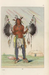 Hombre medicina mandan Mah-to-he-hah, Oso Viejo, pintado con diversos colores, grasa de oso y carbón, sosteniendo pipas medicinales emplumadas y llevando colas de zorro en los talones. Litografía coloreada a mano de 