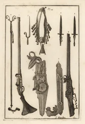 Mosquete de mecha, cerradura y bayoneta de la Torre de Londres, bayoneta, soporte de mosquete y bayoneta, bandoleras y frasco de pólvora, cerradura de rueda y llave