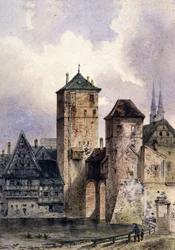 Ciudad medieval a orillas del Rin, hacia 1850-1900 (acuarela)