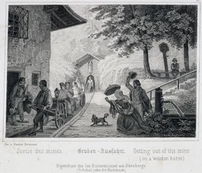 Mina de sal: la salida de los turistas de la mina en un vehículo de madera sobre rieles, en Durrnburg, Austria, hacia 1850