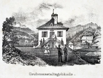 Mina de sal: el edificio de la empresa minera en Durrnberg, Austria