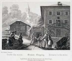Mina de sal: la entrada de la mina, en Durrnberg, Austria, hacia 1850