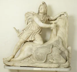 Mitra sacrificando al toro, relieve de mármol, romano, siglo II