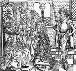 Mahoma en la corte, xilografía alemana, del Crónica de Núremberg (Liber Chronicarum) por Hartmann Schedel