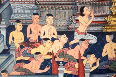 Monjes. Detalle mural en las paredes interiores del Vihara de la era del rey Rama III que representa el Ramakian. Wat Pho - Wat Phra Chettuphon. 1788. Bangkok. Tailandia