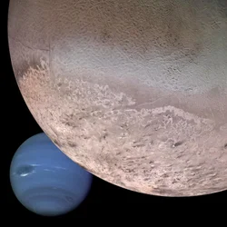 Montaje de Neptuno y su luna Tritón (imagen digital)
