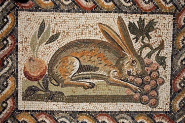 Mosaico que representa una liebre con mirada espía pastando un racimo de uvas (segunda mitad del siglo II d.C.)/in situ en El Jem (Antigua Thysdrus)/Túnez