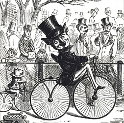 Mr. Punch y el perro Toby montando bicicletas antiguas