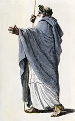 Mitos y Leyendas: Personajes de la Leyenda del Rey Arturo. Merlín el encantador. Grabado coloreado del siglo XIX.