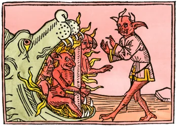 Mitos y leyendas: Boca de dragón en el infierno quemando demonios. Grabado coloreado de una edición de Augsburgo