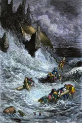 Mitos y leyendas: Simbad (Sindbad) y sus compañeros después de las 1001 noches (mil y una noches). Grabado en color de Gustave Dore.