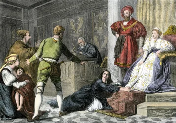 Mitos y leyendas: la hija de un judío acusada de brujería en la Edad Media. Grabado en color del siglo XIX.