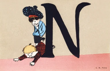 N como burlarse - Alfabeto infantil. C. M. editor, París. Tarjetas postales pintadas a mano, franqueadas en 1904. Dimensiones: 14 x 9 cm