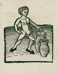 Hombre desnudo con ollas