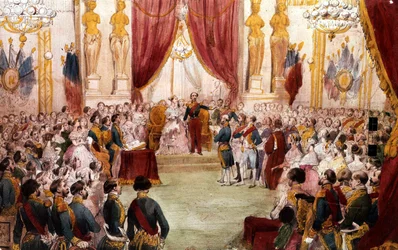 Boda civil de Napoleón III en 1853 : el emperador presentando a su esposa Eugenia a la corte, acuarela siglo XIX